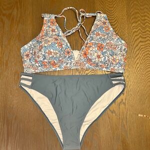 Womens Floral Print Bikini Swimsuit Blue Coral Tankini Top High Waist Bottom XXL